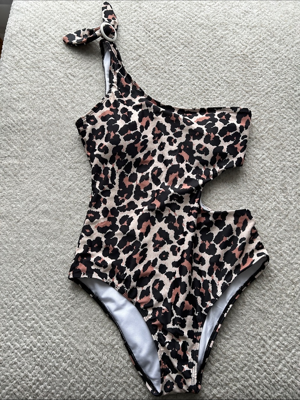 One-Shoulder Leopard Print Cutout Swimsuit - Pink & Black